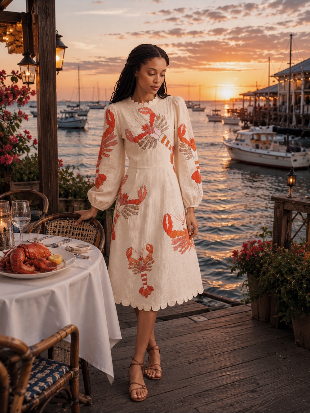 Stella Nova Cotton Crew-Neck Lobster Midi Dress – Size 4